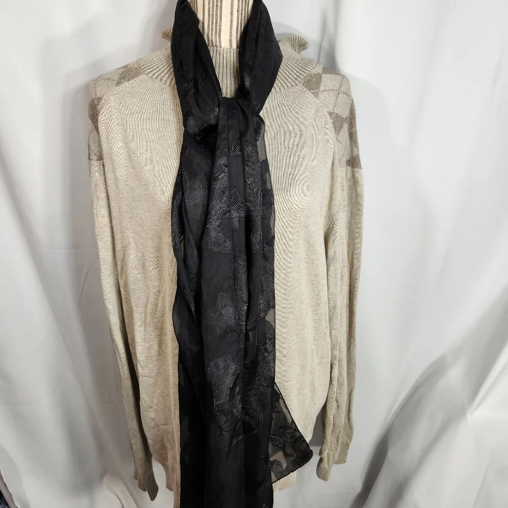 Designer Black w/ Black Floral Print Head or Neck Scarf